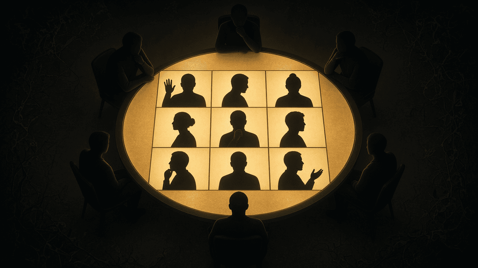 Builders seated around a glowing round table with a nine-tile video grid in the center