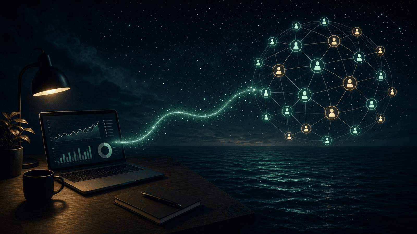 A laptop on a night desk connected by a glowing path to a network of builders